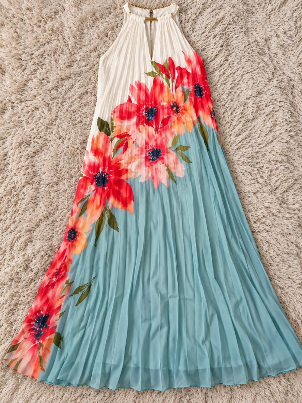 Adrianna Papell Blue Multi Floral Pleated Halter Midi Dress Size 12 NWT - Picture 5 of 6
